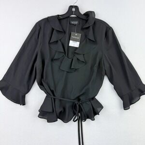 Topshop Ruffle Blouse Tie Waist 3/4 Sleeve Top Black Size US 10‎ UK 14 - NEW